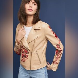 SALE BLANK NYC Beige Floral Embroidered Faux Leather Moto Jacket Small $148 MSRP